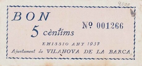 Реверс банкноты 5 centymów Vilanova de la Barca (Hiszpania) 1937