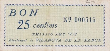Реверс банкноты 25 centymów Vilanova de la Barca (Hiszpania) 1937