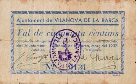 Аверс банкноты 50 centymów Vilanova de la Barca (Hiszpania) 1937