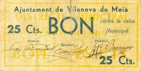 Аверс банкноты 25 сантимов Виланова де Мейя (Испания) 1937 года