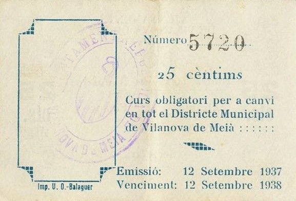 Реверс банкноты 25 сантимов Виланова де Мейа (Испания) 1937 года