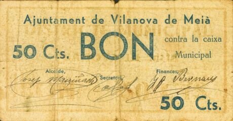 Аверс банкноты 50 сантимов Виланова де Мейа (Испания) 1937 года