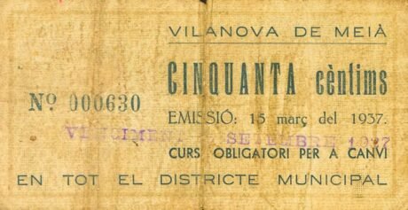 Реверс банкноты 50 сантимов Виланова де Мейа (Испания) 1937 года