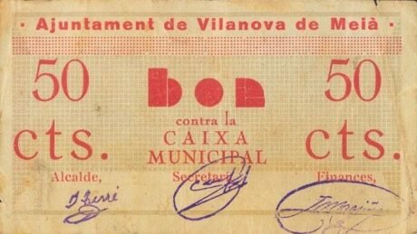 Аверс банкноты 50 сантимов Виланова де Мейа (Испания) 1937 года