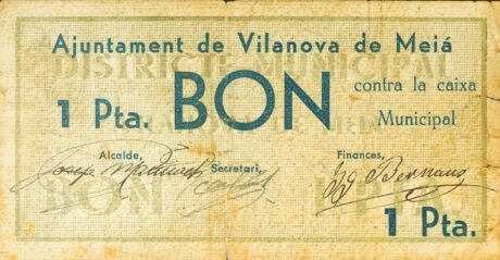 Аверс банкноты 1 песета Виланова де Мейа (Испания) 1937 года