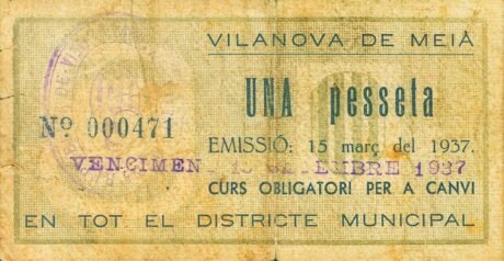 Реверс банкноты 1 песета Виланова де Мейа (Испания) 1937 года