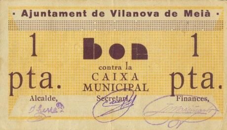 Аверс банкноты 1 песета Виланова де Мейя (Испания) 1937 года