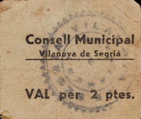 Аверс банкноты 2 песеты Виланова де Сегриа (Испания)