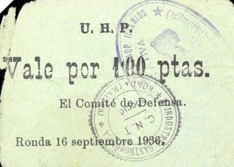 Аверс банкноты 1 песета Ронда (Испания) 1936 года