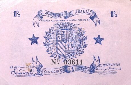 Реверс банкноты 1 peseta Abanilla (Hiszpania) 1937