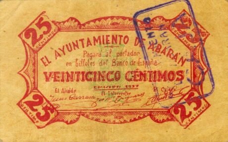 Аверс банкноты 25 centymów Abaran (Hiszpania) 1937