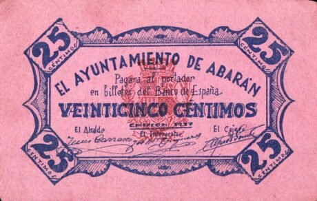 Аверс банкноты 25 centymów Abaran (Hiszpania) 1937