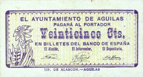 Аверс банкноты 25 сантимов Агилас (Испания) 1937 года