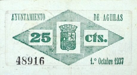 Реверс банкноты 25 сантимов Агилас (Испания) 1937 года