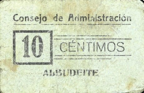 Аверс банкноты 10 сантимов Альбудеит (Испания)