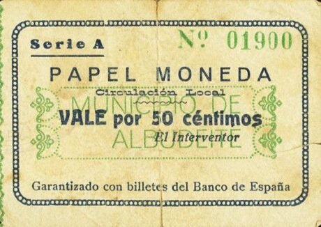 Аверс банкноты 50 centymów Albudeite (Hiszpania)