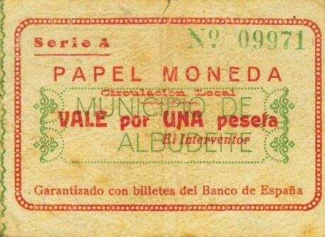 Аверс банкноты 1 Песета Альбудеит (Испания)