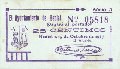 Аверс банкноты 25 сантимов Бениэль (Испания) 1937 года