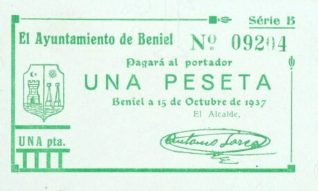 Аверс банкноты 1 peseta Beniel (Spain) 1937