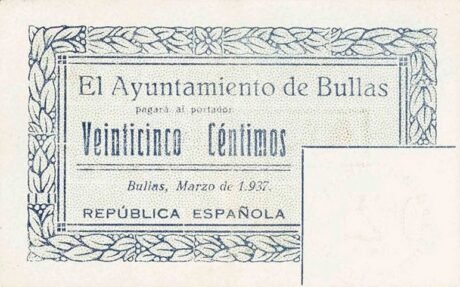 Аверс банкноты 25 сантимов Буллас (Испания) 1937 года