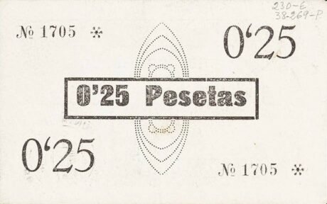 Реверс банкноты 25 сантимов Буллас (Испания) 1937 года