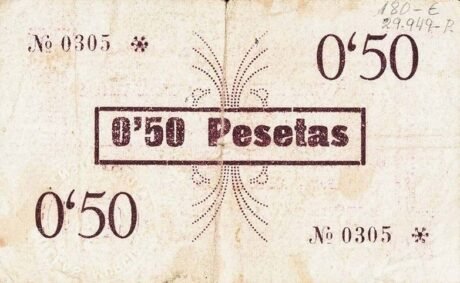 Реверс банкноты 50 сентимо Буллас (Испания) 1937 года