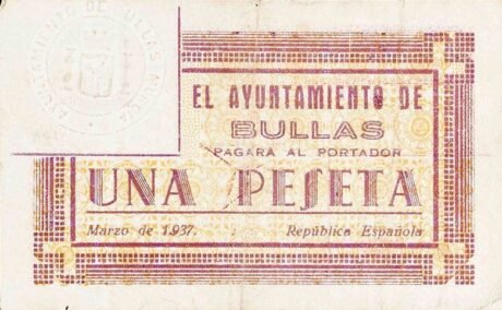 Аверс банкноты 1 песета Буллас (Испания) 1937 года