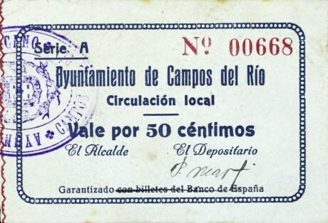 Аверс банкноты 50 сантимов Кампос дель Рио (Испания)
