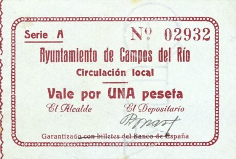 Аверс банкноты 1 песета Кампос дель Рио (Испания)