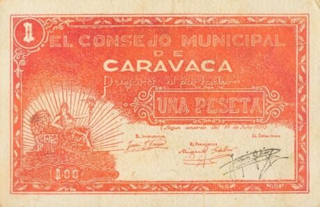 Аверс банкноты 1 песета каравака (Испания) 1937 года