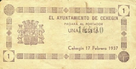 Аверс банкноты 1 песета Чехегин (Испания) 1937 года