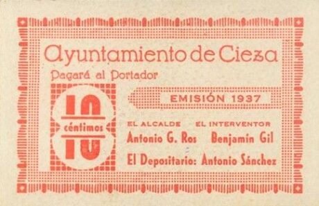 Аверс банкноты 10 centymów Cieza (Hiszpania) 1937