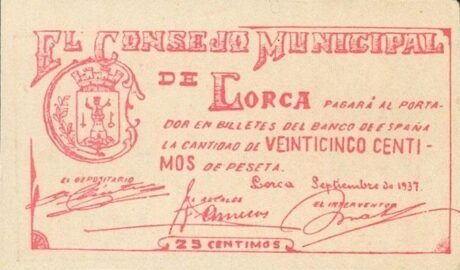 Аверс банкноты 25 сантимов Лорка (Испания) 1937 года