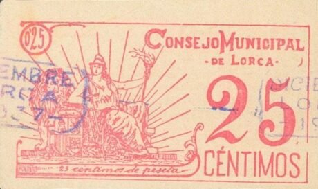 Реверс банкноты 25 сантимов Лорка (Испания) 1937 года