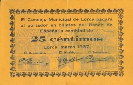 Аверс банкноты 25 centymów Lorca (Hiszpania) 1937