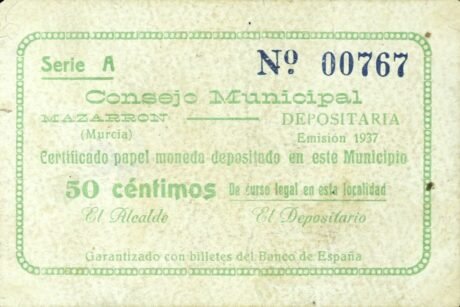 Аверс банкноты 50 сантимов Масаррон (Испания) 1937 года