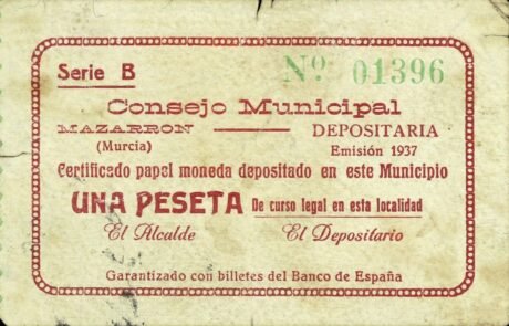 Аверс банкноты 1 песета Масаррон (Испания) 1937 года