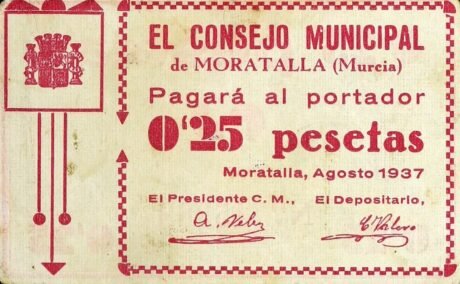 Awers banknotu 0,25 peset Moratalla (Hiszpania) 1937