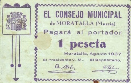 Аверс банкноты 1 peseta Moratalla (Hiszpania) 1937