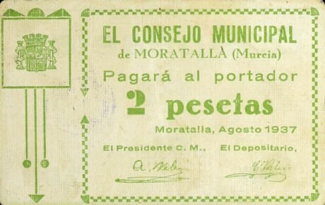 Аверс банкноты 2 песеты Мораталья (Испания) 1937 года