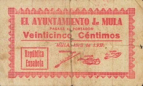 Аверс банкноты 25 сантимов мула (Испания) 1937 года
