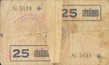 Реверс банкноты 25 сантимов мула (Испания) 1937 года