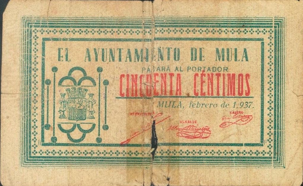 Аверс банкноты 50 сантимов мула (Испания) 1937 года