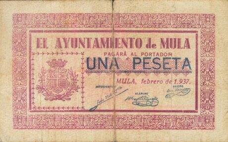 Аверс банкноты 1 peseta mule (Hiszpania) 1937