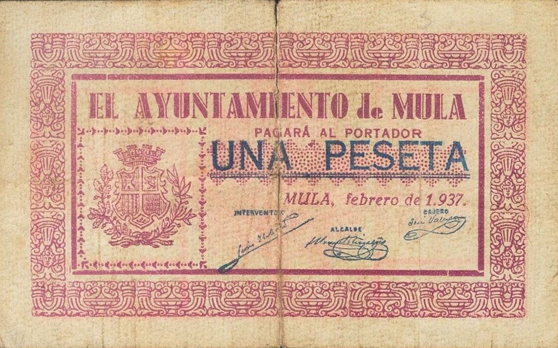 Аверс банкноты 1 песета мула (Испания) 1937 года