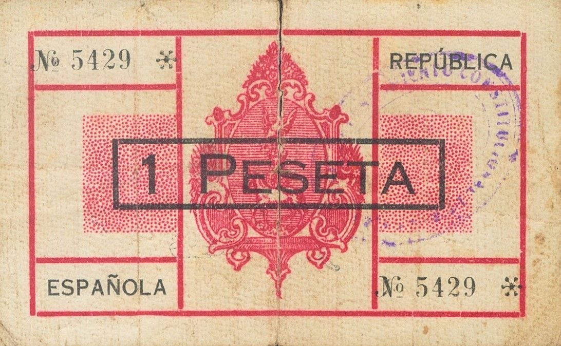 Реверс банкноты 1 песета мула (Испания) 1937 года