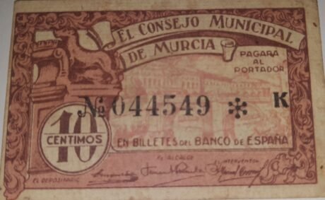 Аверс банкноты 10 сантимов Мурсия (Испания) 1937 года