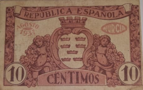Реверс банкноты 10 сантимов Мурсия (Испания) 1937 года