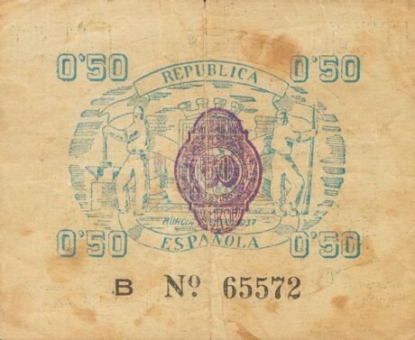 Реверс банкноты 0,50 песетас Мурсия (Испания) 1937 года