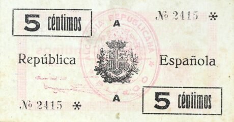 Реверс банкноты 5 centymów Pliego (Hiszpania) 1937